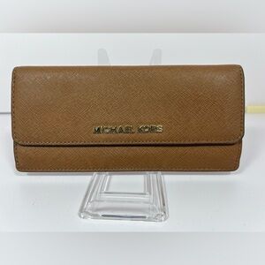 2133: Michael Kors Saffiano Leather Flap Wallet Brown Slim Long